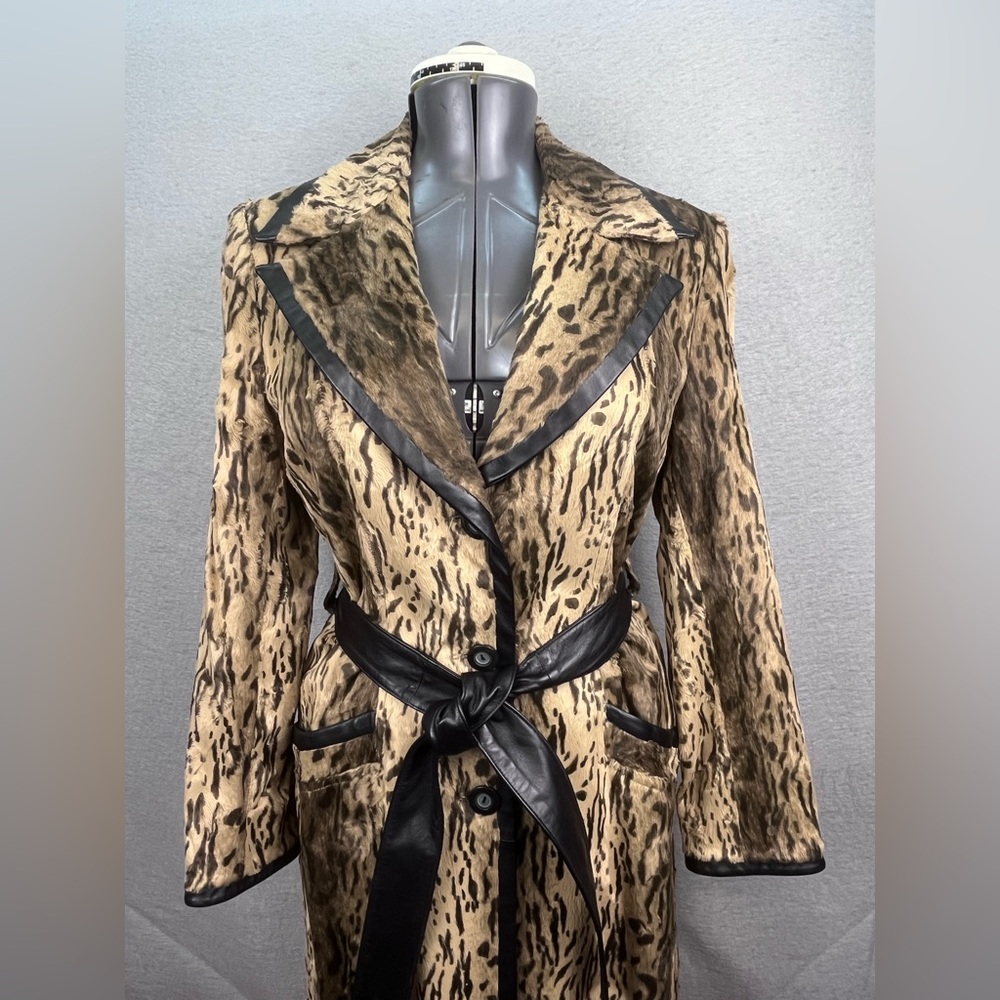 DESIGNER JAVIER SIMORRA BARCELONA COAT BUTTON UP Cheetah Print WAIST BELT SIZE 8 - Picture 3 of 10